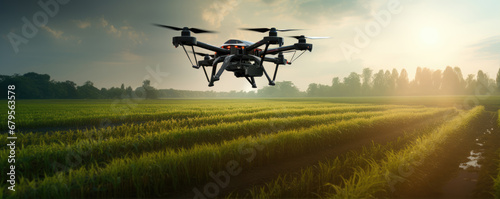 Drones above farm field. Futured drone working on fields. Modern fly technology in farming.