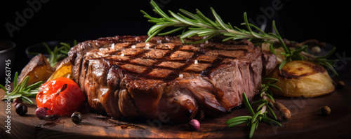 Grilled meat beef steak with herbs and tomaties on rustic table.
