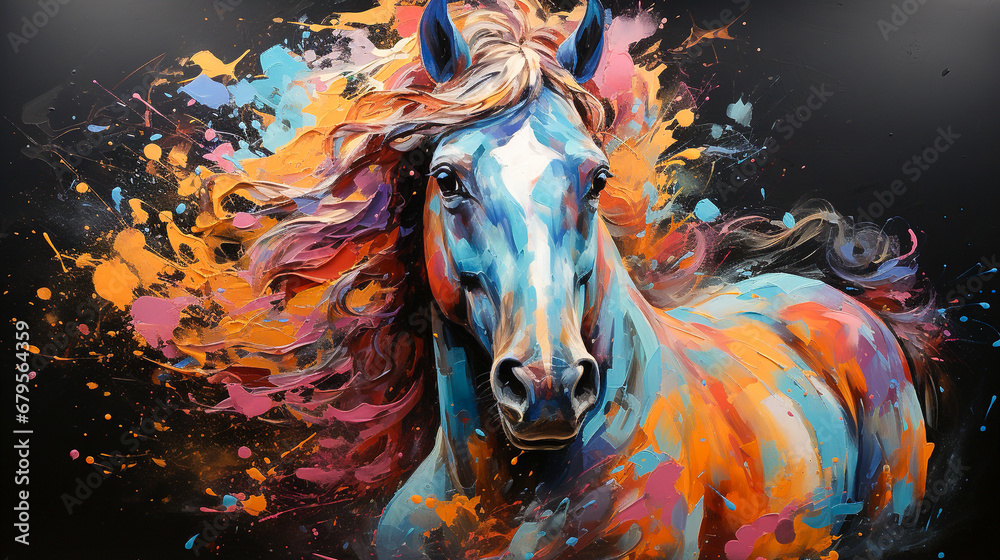 painting of a horse face with colorful paint splatters - obrazy, fototapety, plakaty 