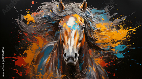 painting of a horse face with colorful paint splatters