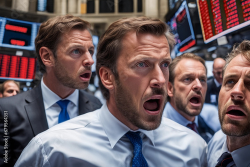 Traders and brokers watch onscreen monitors in shock and fear as the stock market plummet and crash due to panic selling by institution investors and retailers as they react to negative economic news.