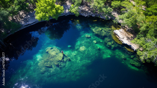 Aerial shot of Cenote Azul in the woods