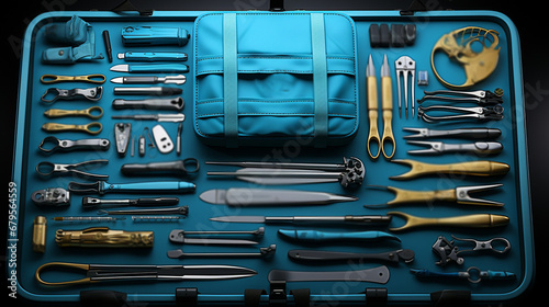 Top view. Set of surgical tools in hospital. photo