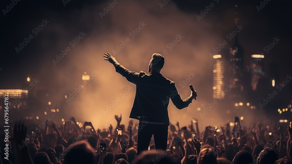 Unrecognizable singer male standing on stage in concert with crowd of people, live music with audience hold smartphone taking picture, musician man on tour with spot light in city night background - obrazy, fototapety, plakaty 
