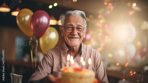 joyful senoir man celebrating birthday party photo