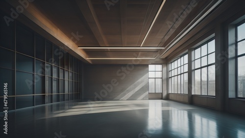  Empty room interior background  white paneling wall  wooden flooring and big window