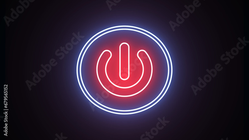 Glowing red power button icon neon animation. Neon light power button turning on and off. Abstract screensaver, live wallpaper, loop background on black. photo