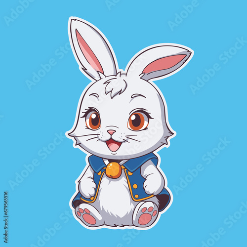 A white bunny in a kawaii style sits in a blue vest on a plain background. Raster illustration in vector style. Sticker.