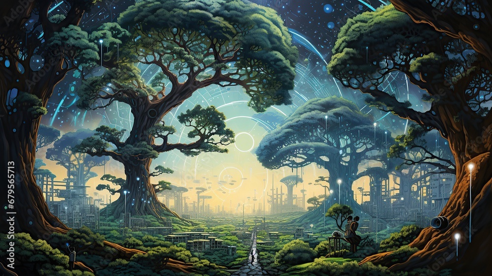 horizontal illustration of a surreal enchanted natural world AI generated