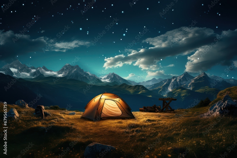 Camping site in mountain valley at night illuminated tent at burning bonfire under night blue starry sky with Milky way. Pine trees on background