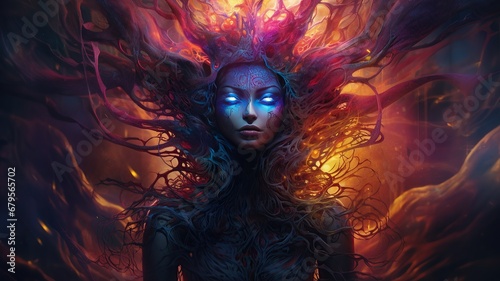 Horizontal illustration of a mystical woman surrounded by colorfull lights AI generated
