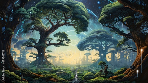 horizontal illustration of a surreal enchanted natural world AI generated