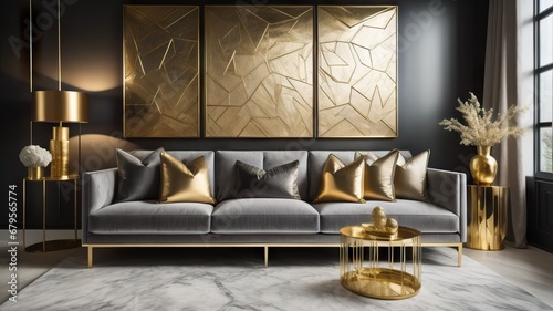 Gray sofa with gilding fabric cushions against venetian plaster with gold leaf wall. Hollywood glam style interior design of modern living room  photo