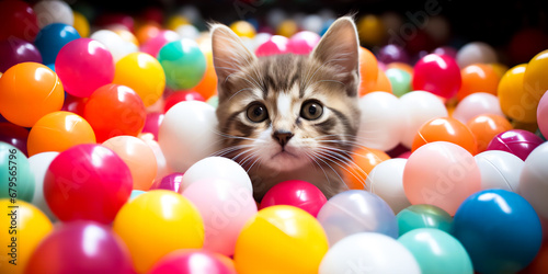 Adorable tabby kitten peeking out from a colorful array of plastic balls, with big curious eyes. Panoramic banner with copy space