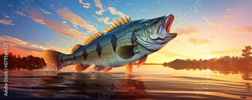 Big fish jump over water level lake at sunset light.