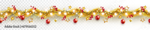 Border with golden fir branches, gold stars, red balls, berries, lights isolated on transparent background. Pine, xmas plants seamless banner. Vector holiday Christmas tree garland decoration