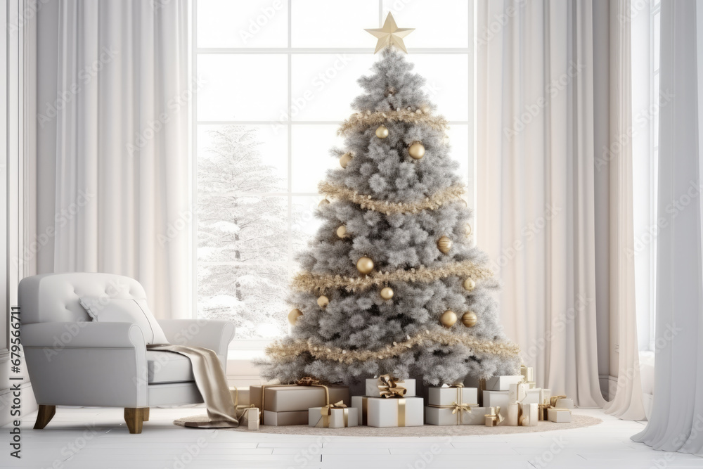 Christmas tree, presents, gifts and decoration in modern living room. White mockup wall. Festive Christmas and New year background Christmas tree, presents, gifts and decoration in modern living room. White mockup wall. Festive Christmas and New year background