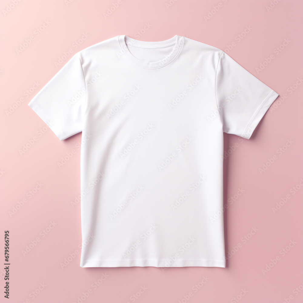 White T-shirt Mockup, Front view, Pink background, Template for graphic design