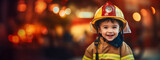 A smiling boy in a firefighter's suit, a future lifeguard. Copy space. Ai generative