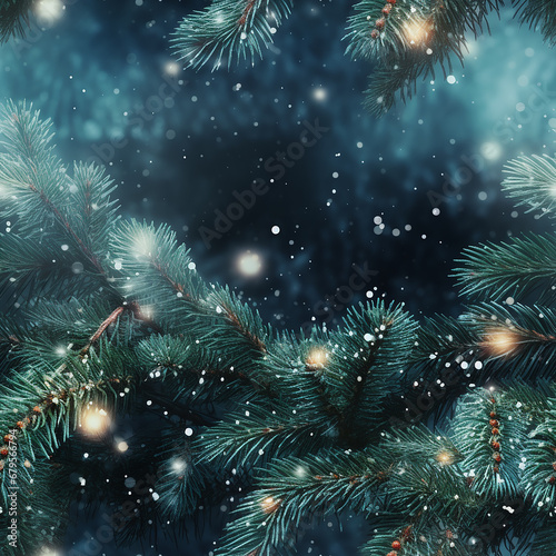 Christmas background with fir branches, snowflakes and bokeh effect