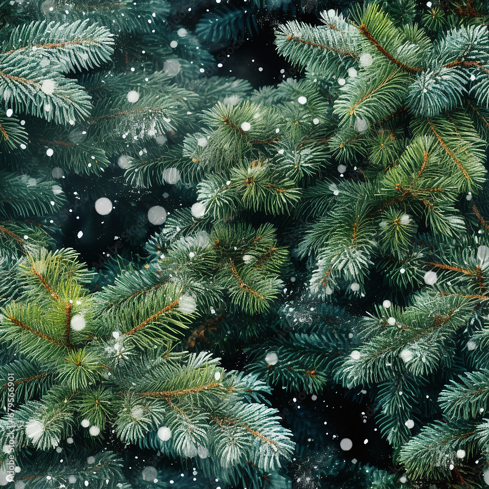 Christmas background with snowflakes and fir tree branches. Toned.