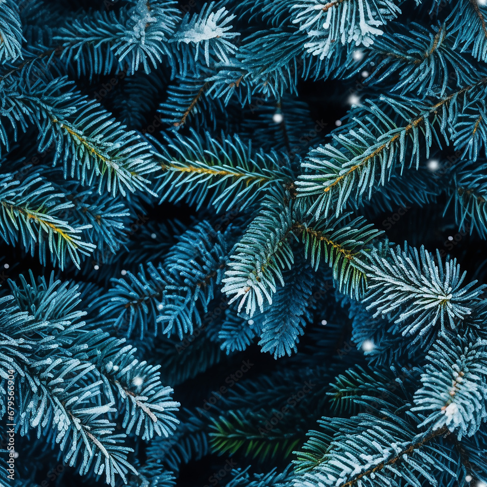 Christmas tree branches with snowflakes. Winter background. Top view.