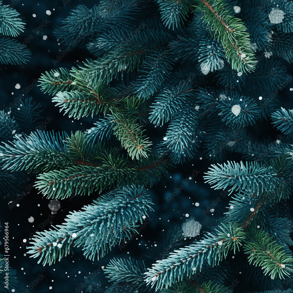 Christmas tree branches with snowflakes on a dark blue background.