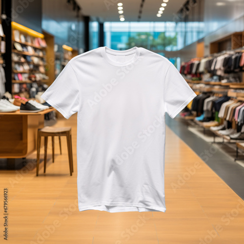 White T-shirt Mockup  Front view  Blurred Store interior on background  Template for graphic design