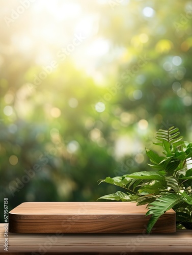 Wooden product display podium with blurred nature leaves background. copy space, generative ai