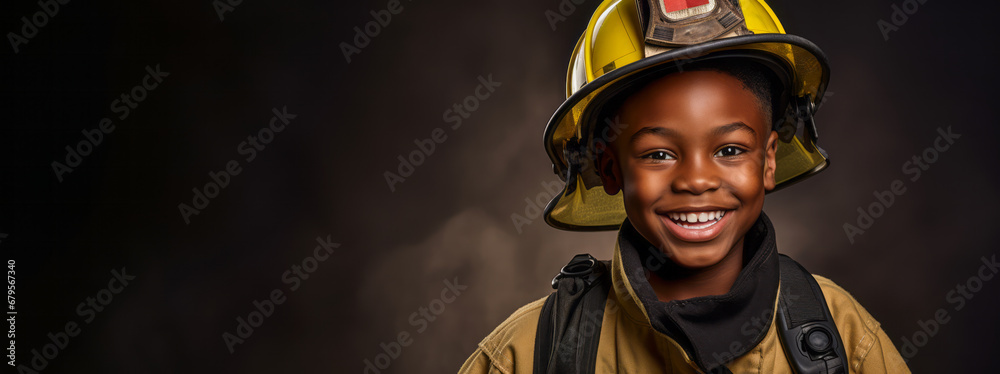 Obraz premium Black Boy smiles, imagines to be a firefighter. Brown background. Future dream profession. Ai generative