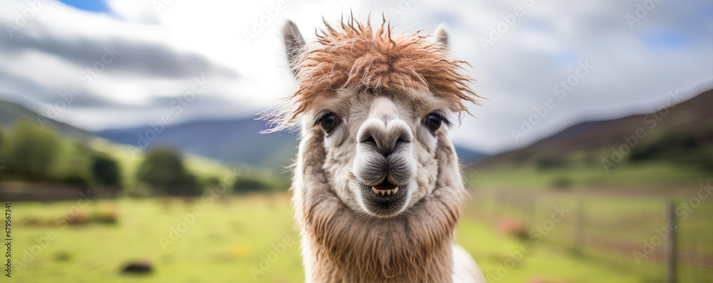 Alpaca portrait with brown hairs.