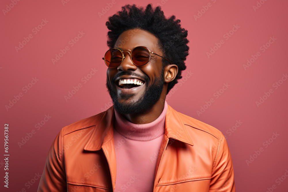 Cheerful black man in orange jacket and round glasses Cheerful black man in orange jacket and round glasses