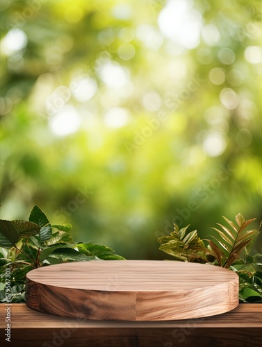 Wooden product display podium with blurred nature leaves background. copy space  generative ai