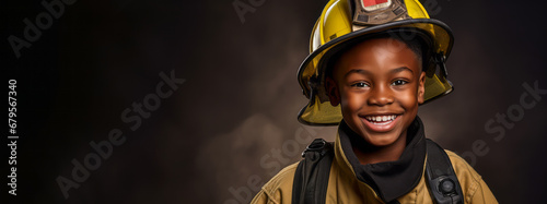 Black Boy smiles, imagines to be a firefighter. Brown background. Future dream profession. Ai generative