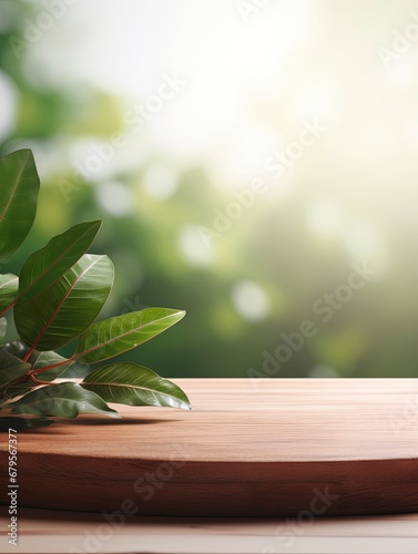 Wooden product display podium with blurred nature leaves background. copy space  generative ai