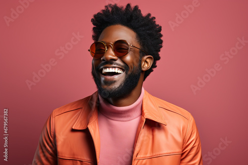 Cheerful black man in orange jacket and round glasses © artem