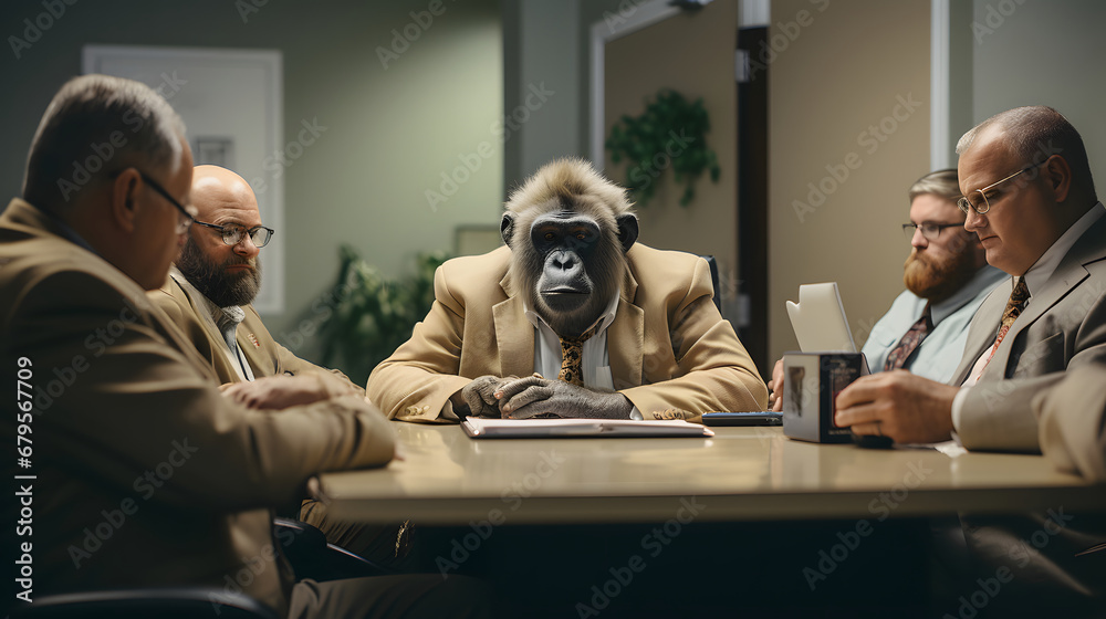 monkey businessman in a suit at an office meeting - obrazy, fototapety, plakaty 