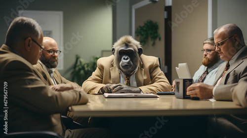 monkey businessman in a suit at an office meeting photo