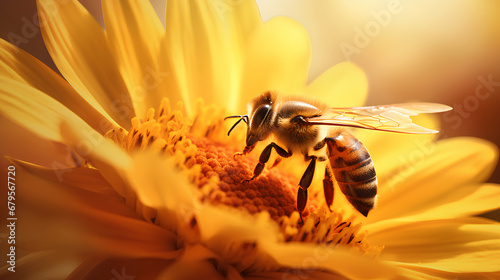 Close-up of a bee sucking nectar from a yellow flower with sunset behind it