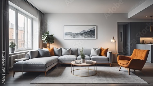  Modern interior design of cozy apartment, living room with gray sofa, armchairs © Marko