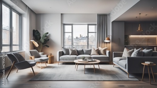  Modern interior design of cozy apartment, living room with gray sofa, armchairs © Marko