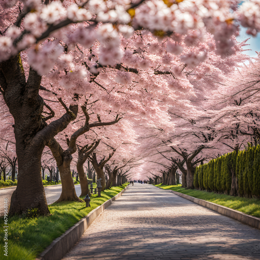 a street with cherry blossoms.Generative AI