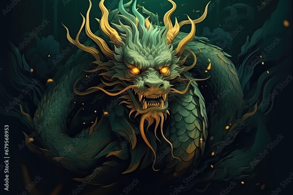 Illustration of a green dragon , in the style of Chinese New Year Illustration of a green dragon , in the style of Chinese New Year