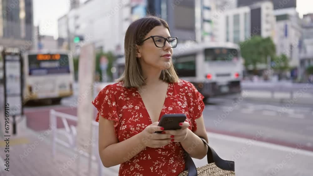 In the bustling streets of tokyo, a beautiful hispanic girl with glasses, a tech-savvy traveller, uses her phone app, anxiously waiting for her taxi ride. In the bustling streets of tokyo, a beautiful hispanic girl with glasses, a tech-savvy traveller, uses her phone app, anxiously waiting for her taxi ride.
