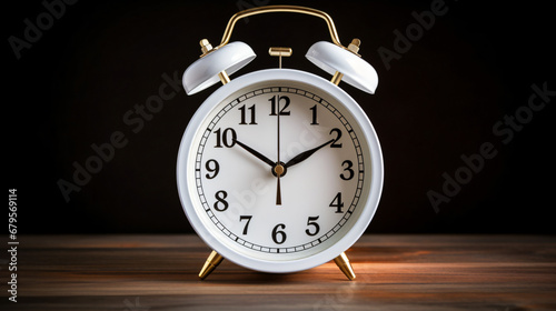 White alarm clock on wood table at night with dark wall