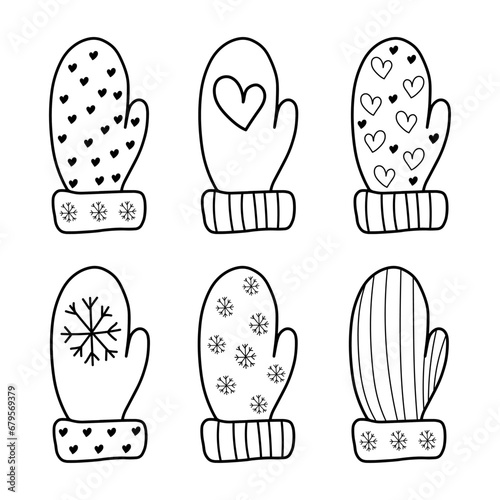 Set of Doodle-style mittens with a winter ornament for decoration, decor, coloring, pattern, postcards, banner