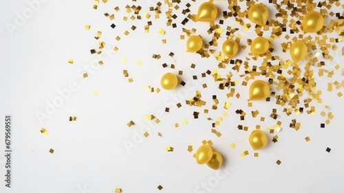 decorative golden balloons and star confetti on white background