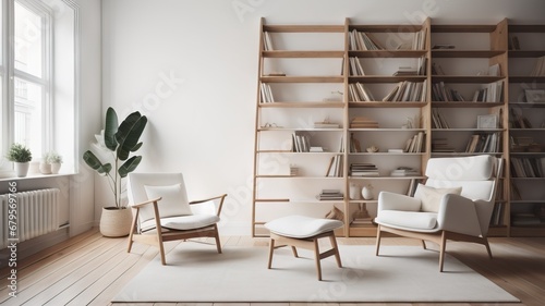 Wooden ladder shelf and white armchair in scandinavian interior design of modern living room