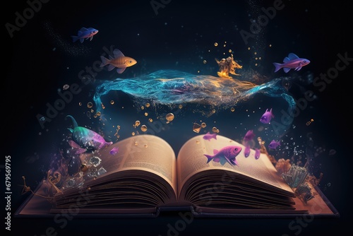 underwater magical book backdrop with marine animals