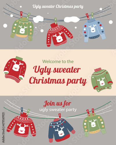 Ugly sweater party invitation. Christmas winter sweaters with different ridiculous design. Set of invitations and tickets